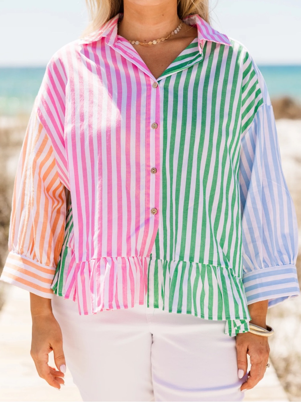 Colorblock Stripe Button-Up Blouse in Pink, Green, Blue & Orange